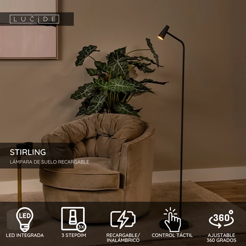Lucide STIRLING - Lámpara de suelo Recargable - Batería/acumulador - LED 3 StepDim - 1x3W 2700K - Negro - USP